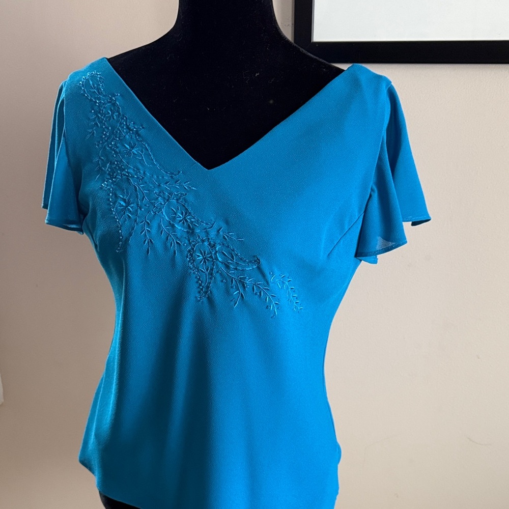 Studio I Blue V-Neck Blouse with Embroidery